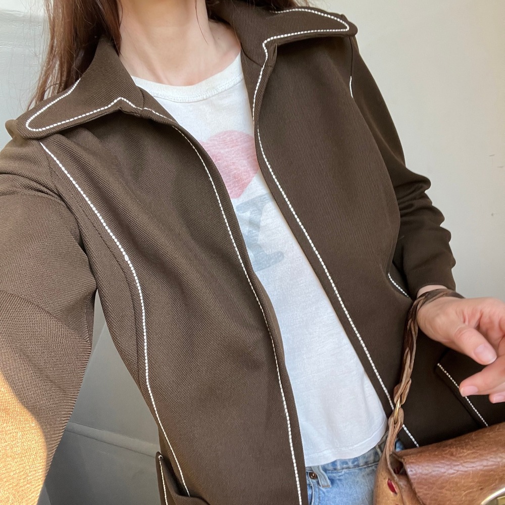 Vintage R & K Knits Blazer Jacket Brown Contrast Stitch 70s Retro Dagger Collar